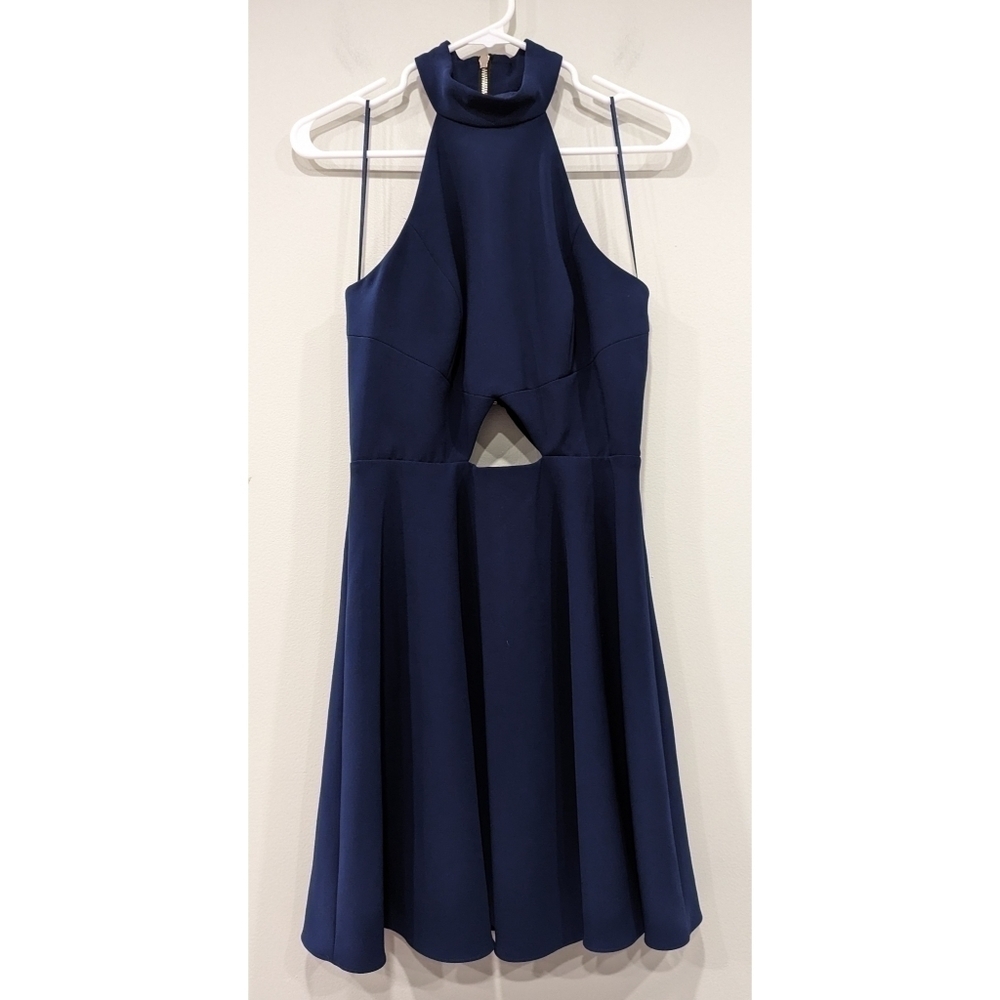 JayGodfrey Blue Fit and Flare Dress Halter Neck Peephole Front Size 6